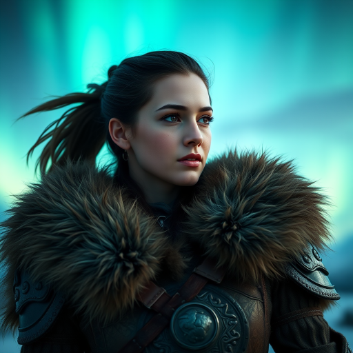 portrait of a warrior woman in fur-lined armor against a vibrant aurora borealis background, softly lit, 85mm lens, f/1.8 aperture, ISO 200, natural light, shallow depth of field, full-frame DSLR camera