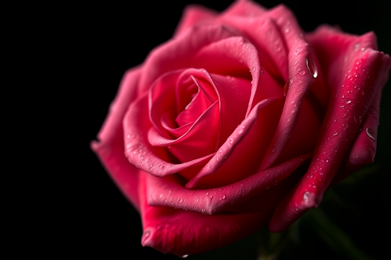 regenerate a close-up photograph of a rose with water droplets, black background, soft focus with a high contrast, captured with a macro lens at f/2.8, ISO 100, shutter speed 1/250s, natural light, using a Canon EOS 5D Mark IV.