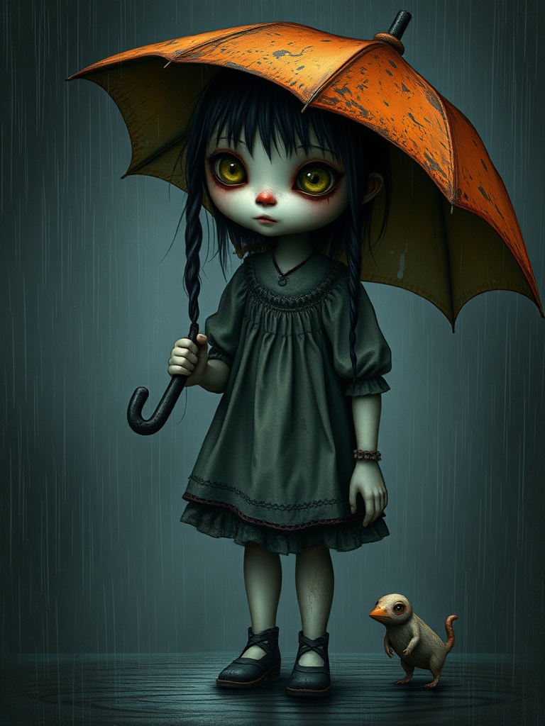 An eerie, weird little girl with dark hair in thin pigtails, wearing a smock dress, standing in the rain, holding a dirty orange umbrella, a small, odd creature beside her. In a surreal style inspired by Nicoletta Ceccoli and Brian Froud. Dark fantasy themes