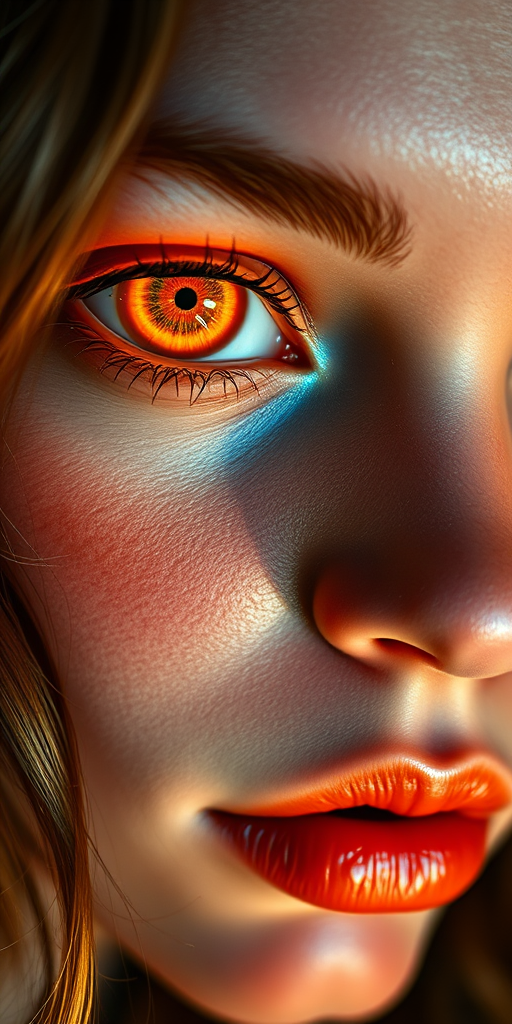 Awe-Inspiring and Vulgar, Glowing Amber Eyes, Fairy-Tale, side lit, in the style of realistic hyper-detailed portraits, dark white and orange, classicist portraiture, dark gold and aquamarine, realist detail, hard edge, technological marvels, aidmasoftglow