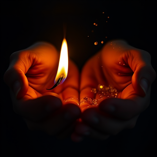 A close-up view of two hands cupped together, one hand showcasing a small flame while the other emits shimmering particles, captured with a Canon EOS R5, 50mm f/1.2 lens, ISO 100, aperture f/2.8, shutter speed 1/200s, in dramatic lighting to enhance contrast and depth.