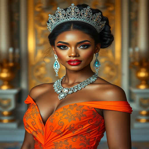 A gorgeous Tongan woman in a luxurious orange gown, accessorized with a dazzling tiara and statement earrings, her deep cyan eyes highlighted by impeccable makeup, poised in a royal setting, photorealistic, 8K quality