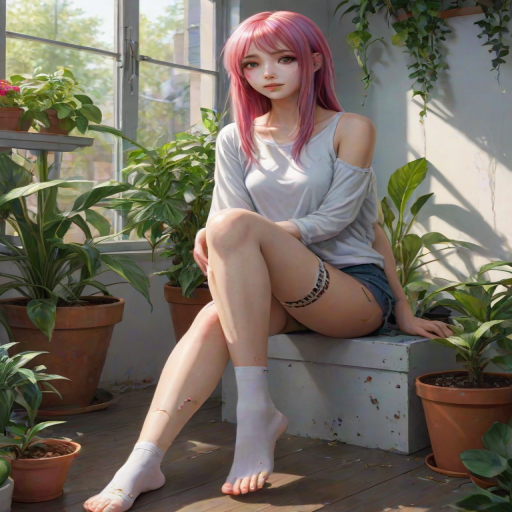 masterpiece, newest, Highly detailed, 1girl, slender, innocent, sitting, arms at sides, long hair, opaque pantyhose, no shoes, colorful hair, multicolored hair,  casual clothes, realistic, long legs, potted plants, ripped pantyhose