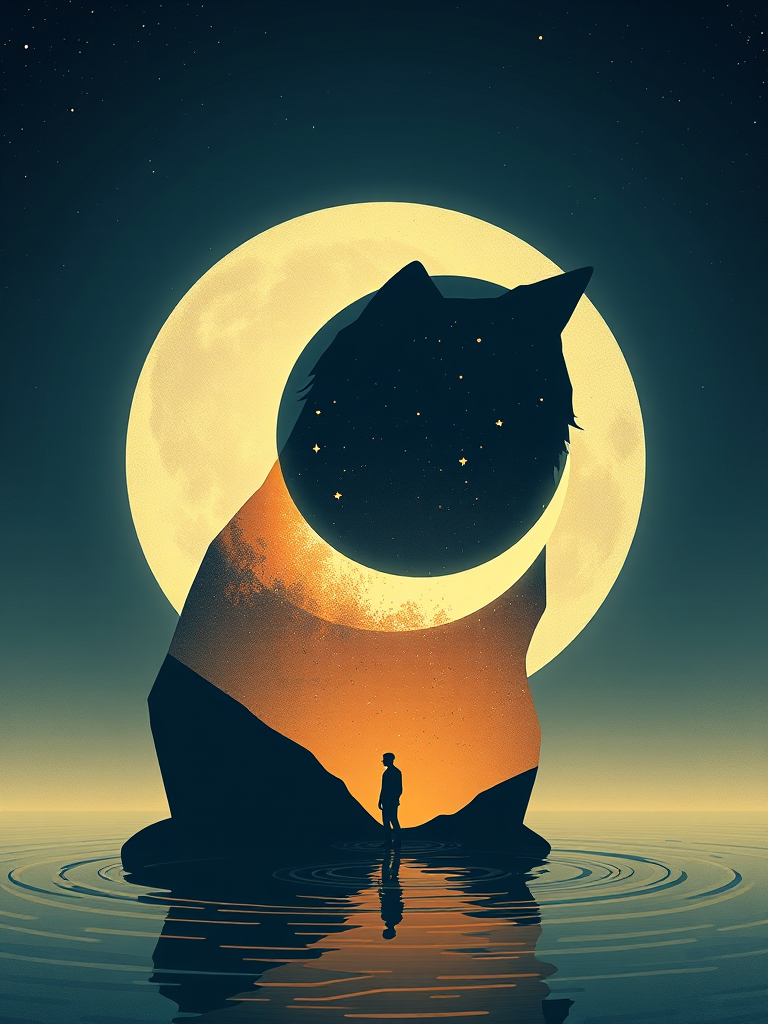 Create a high-resolution digital illustration of a large, abstract cat silhouette featuring a night sky theme, including a crescent moon and stars inside the body, with a small figure standing in water at the base, using a Canon EOS R5 camera with a 50mm f/1.2 lens, aperture set to f/2.8, shutter speed 1/125s, ISO 100, shot at a 45-degree angle for a dynamic perspective.
