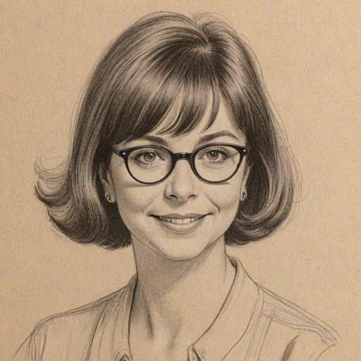 Fetching Cindy Williams, pencil sketch, portrait of Fascinating woman 1948s in glasses, hair style beatnik, outline, clear lines, fine lines, 8k
