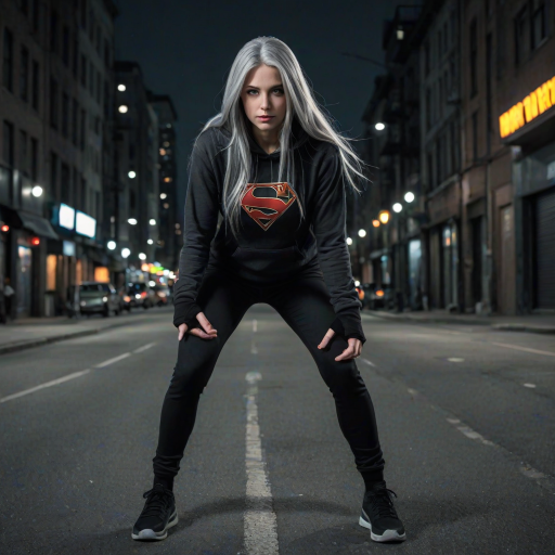 (long straight gray hair:1.2), (bright gray eyes:1.2), (Supergirl:1.2), (black hoodie:1.2), (hood up:1.2), (black half fingers gloves:1.2), (black tight pants:1.2), (black sneakers:1.2), 8k, professional photography, mesmerizing photo, intricate details, hyper realistic, (close shot:1.2), (city at night:1.5), (empty street:1.5), bleak tone, grim tone