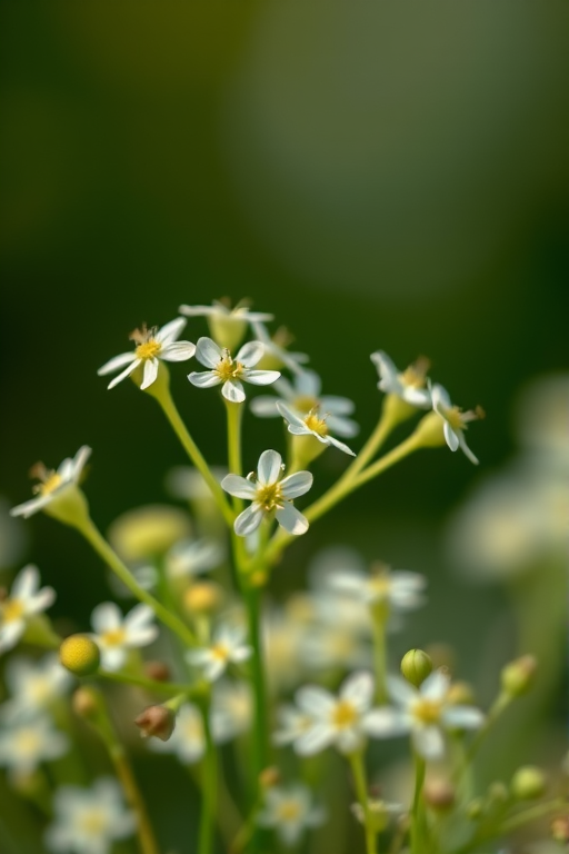 Generate a close-up image of delicate white flowers with a soft background, using a Canon EOS 5D Mark IV, 50mm lens, f/2.8 aperture, ISO 100, and a shallow depth of field for a dreamy effect.