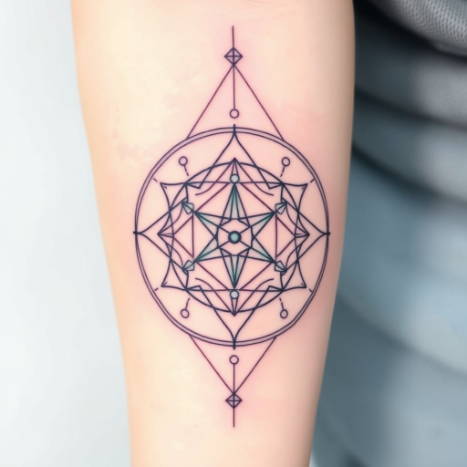 Mystical "Sacred Geometry" tattoo combines precise linework with subtle gradients to create a harmonious and balanced design. Interlocking circles, triangles, and hexagons form complex patterns, while soft lavender and mint hues add a touch of otherworldliness. This spiritual and mathematical-inspired piece is perfect for those seeking a tattoo with deeper meaning and visual appeal.