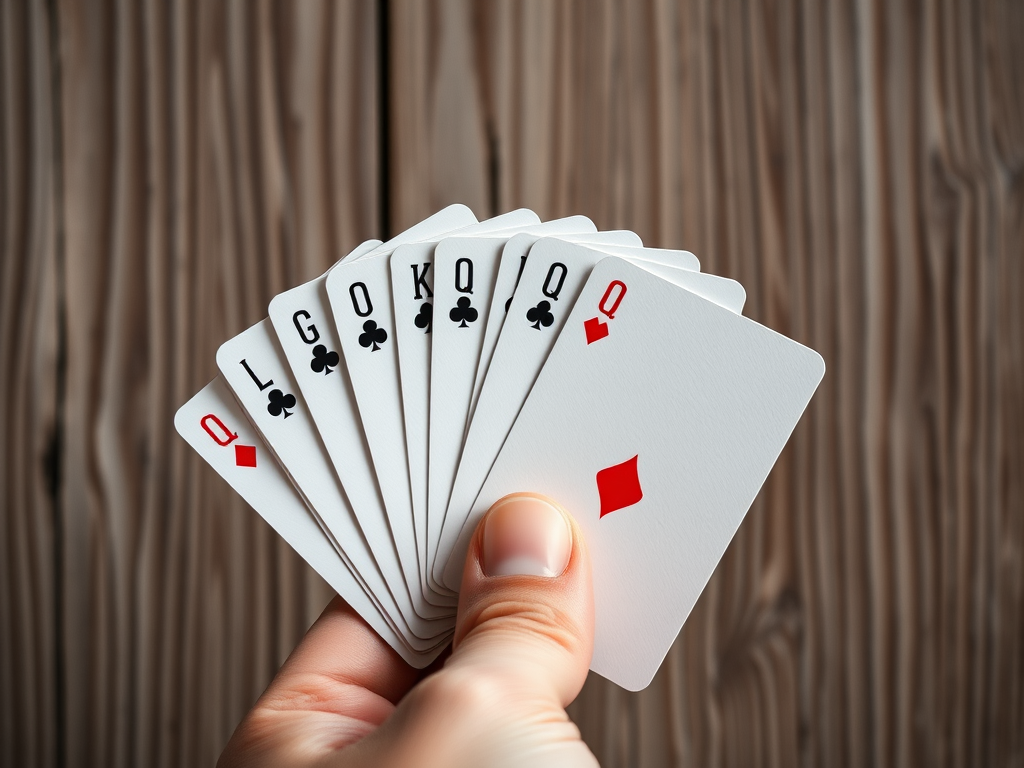 Capture a close-up of playing cards fanned out in hand against a textured wooden background, using a 50mm lens at f/1.8, ISO 100, shutter speed 1/200s, natural light, DSLR camera.