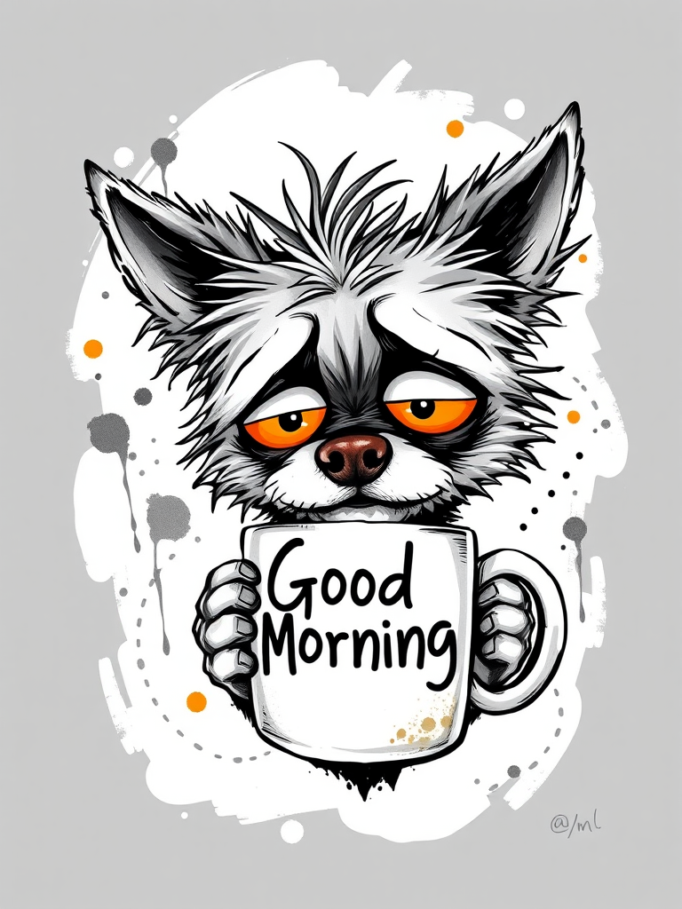 A quirky, artistic illustration of a disheveled cirneco delletna with exaggerated, large eyes and spiky fur, holding a coffee mug that reads "Good Morning". The dog has a tired but humorous expression, with ink splatters and abstract details surrounding it, giving a whimsical feel to the image. The color palette is mostly monochrome with hints of orange in the eyes and steam rising from the mug, enhancing the overall sleepy vibe