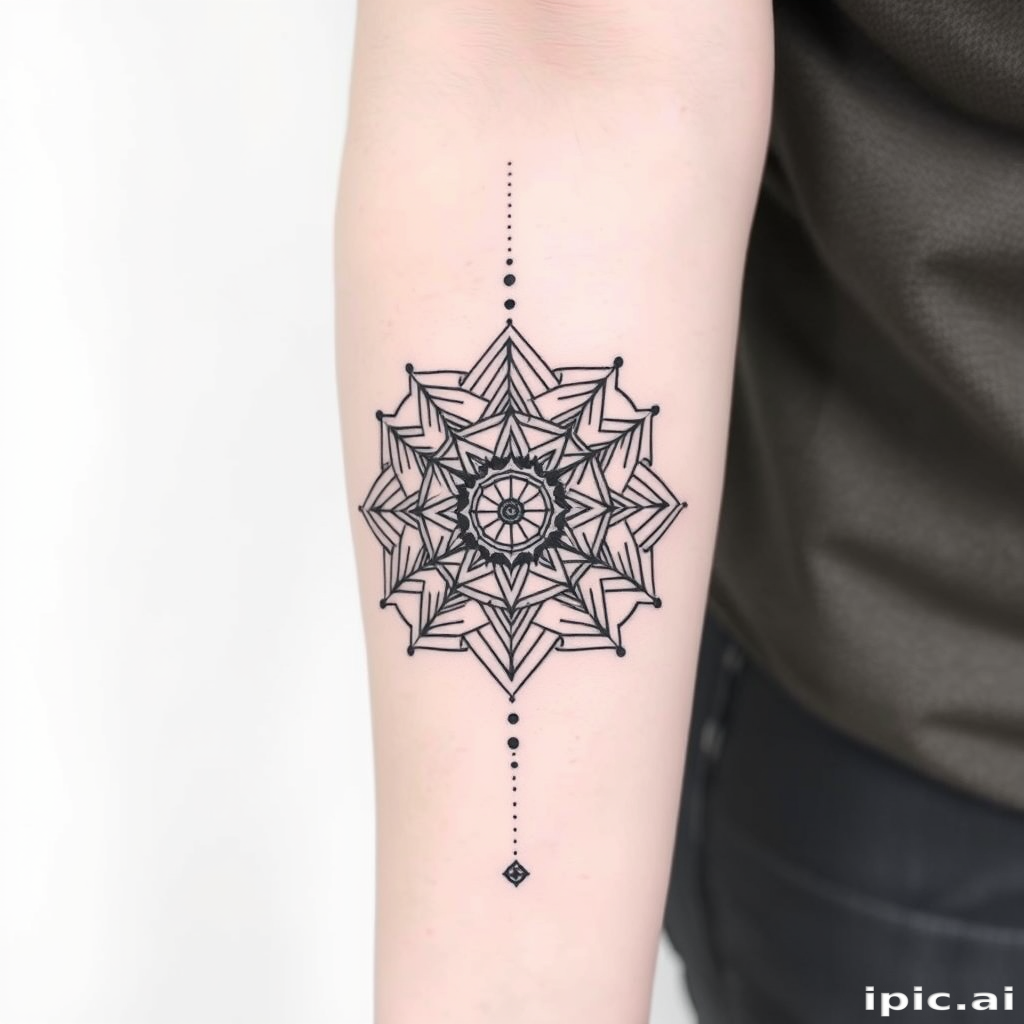Minimalist blackwork tattoo called "Geometric Harmony" showcasing intricate sacred geometry patterns, fine line mandala designs, and subtle dotwork shading, ideal for arm or leg placement