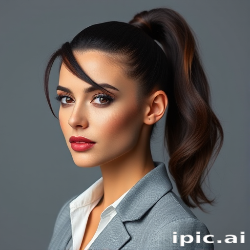 Confident businesswoman showcasing a sleek, high ponytail with wrapped base and face-framing wisps, complemented by a rich espresso brown hue