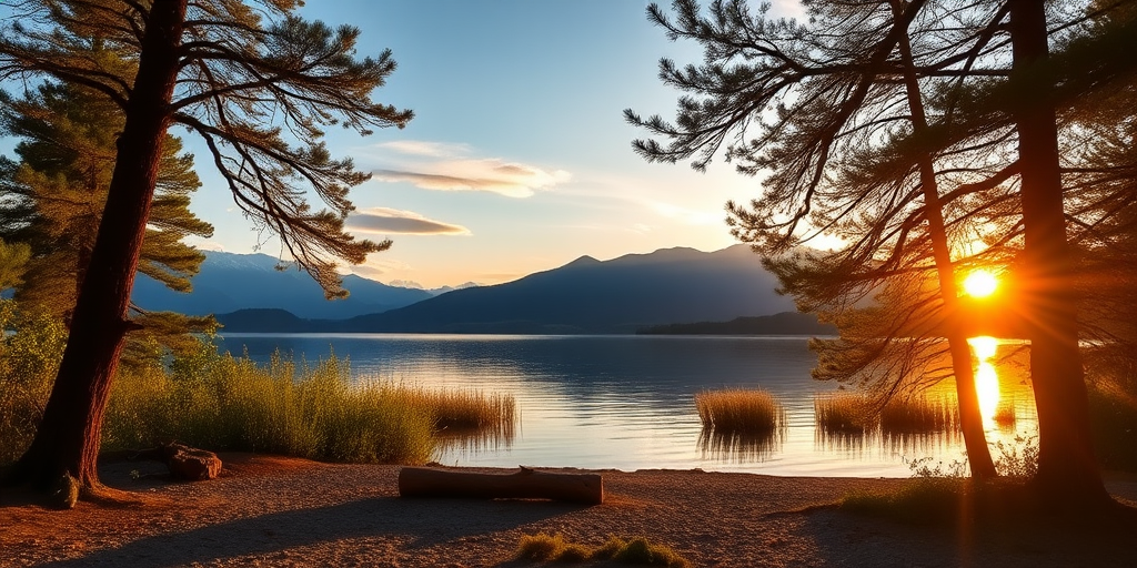 generate a serene landscape image of a lakeside view during golden hour with trees framing the scene, mountains in the background, and a log on the shore, shot using a DSLR camera with a 24mm lens, aperture set to f/8, ISO 100, and a shutter speed of 1/250 seconds for clarity and vibrant colors.