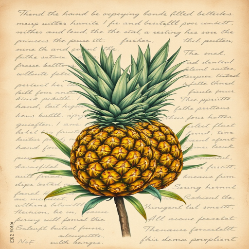 Create a vintage botanical illustration of pineapples on textured parchment background with handwritten script, using a Canon EOS 5D Mark IV, f/8 aperture, 50mm lens, soft focus for an artistic look.
