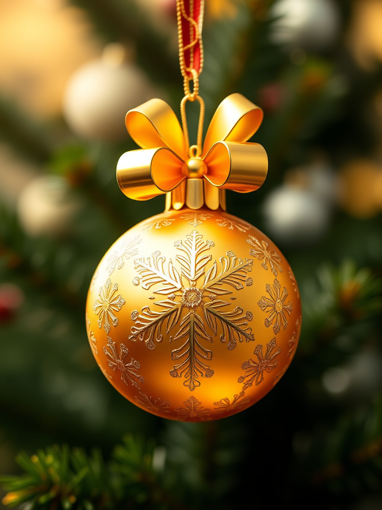 Generate a high-resolution digital illustration of a golden Christmas ornament with intricate snowflake patterns and a shiny bow on top, captured with a DSLR camera at f/2.8 aperture, 50mm lens, and 1/200 sec shutter speed for enhanced depth of field and clarity, with a soft-focus background to emphasize the ornament's details.