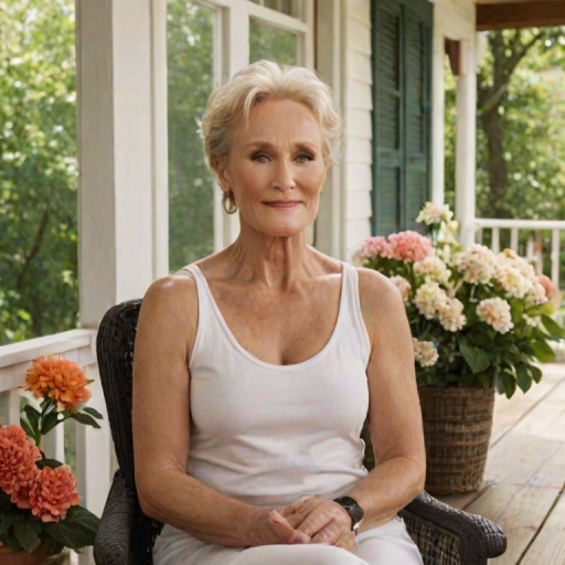 A photo of Glenn Close with a background of a cozy porch. She has dark hair pulled back in an updo, with tendrils framing her face. She wears a white tank top and sits on the porch. The porch is part of a well-lit home with a warm, earthy tone and colorful flowers and foliage. The overall scene has a warm, welcoming, and comfortable ambiance.