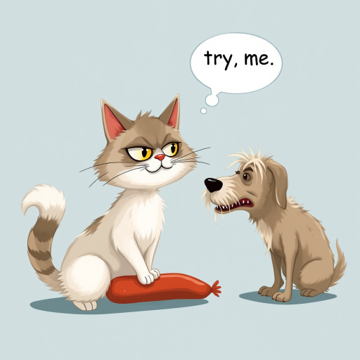 caricature of a silly whimsical fluffy cat with a mean look she has one foot on a sausage and is looking at an old scraggly big dog the cat has a thought bubble above her head that says “try,me"