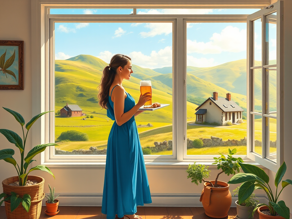 In "A Glass of Beer on the Highland," a serene scene is depicted in a sunlit room where a woman in a vibrant blue dress stands by a large window. She holds a tray with a hearty meal and a frothy glass of beer, embodying a moment of relaxation. Outside, the breathtaking highland landscape features rolling green hills and a charming traditional house, all bathed in warm afternoon light. The interior is adorned with potted plants, creating a harmonious blend of comfort and nature. The painting beautifully captures the tranquility and joy found in simple pleasures amidst stunning scenery