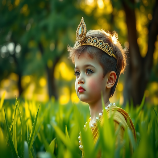 Create a highly detailed portrait of a young boy resembling a divine figure in a lush green field, with soft golden sunlight filtering through trees, using a Canon EOS R5, 50mm lens, f/1.8 aperture, ISO 100, soft focus background for depth.
