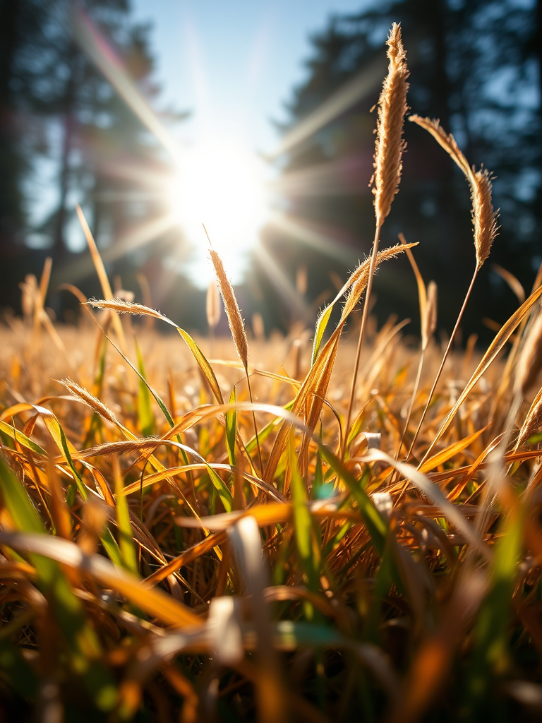 photograph dried grass in sunlight from low angle using a DSLR camera, f/2.8 aperture, 1/500 sec shutter speed, ISO 100, 24mm lens, vibrant colors, focus on foreground detail