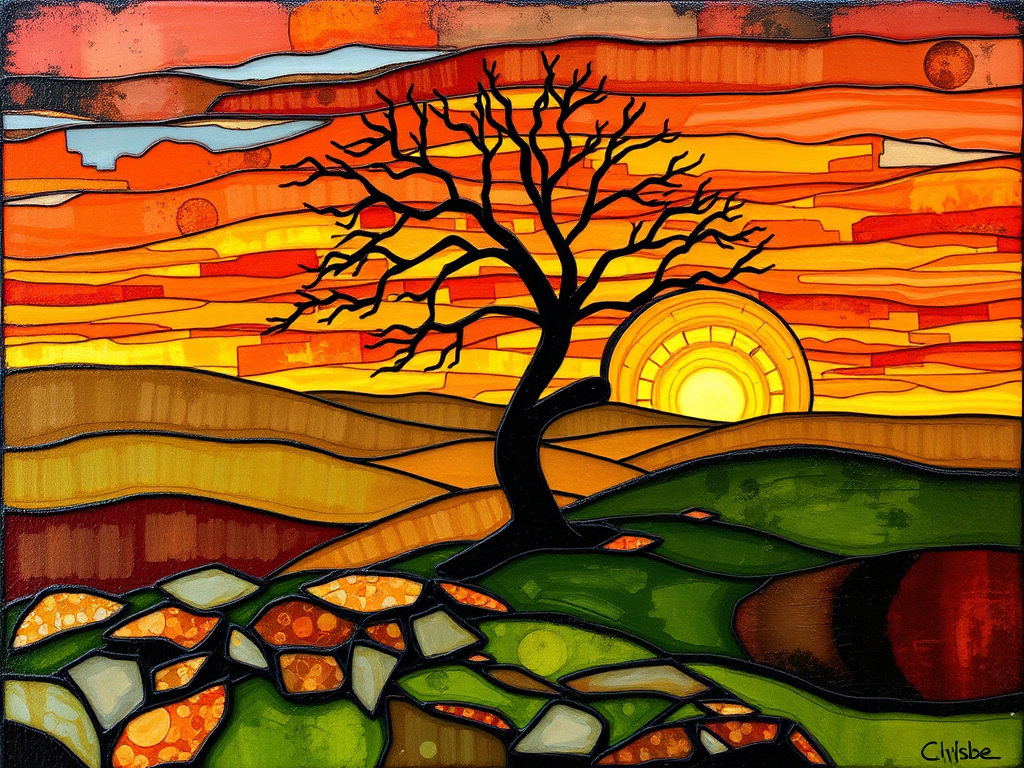 A vibrant abstract painting on Tiffany Glass, blending acrylic and alcohol ink techniques, captures a dramatic sunset over rolling hills. The artwork features a textured, rocky foreground in green and brown, layered abstract hills, and a striking sunset in rich oranges, yellows, and reds. A solitary black tree with intricate branches contrasts against the fiery sky, creating a dynamic and expressive portrayal of a breathtaking natural scene.