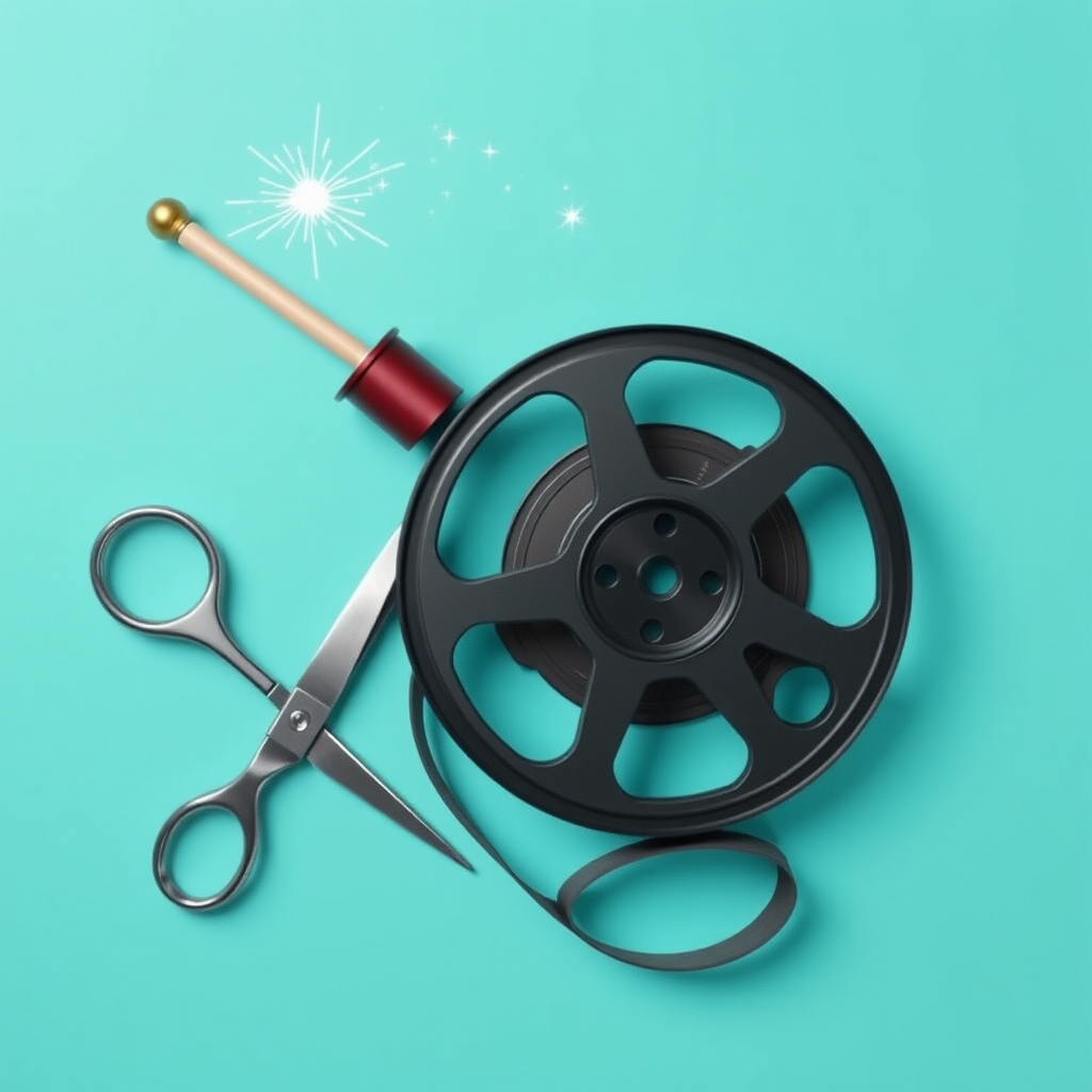 Create a digital illustration of a film reel with a pair of scissors beside it and a magic wand with sparkles above, using a vibrant turquoise background, shot with a Canon EOS R5 at f/8, ISO 100, 1/250 sec, in flat lay style for an enhanced modern aesthetic.