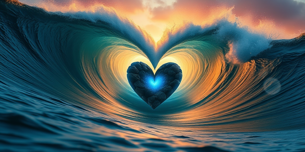 A massive ocean wave crashing towards the viewer, with a heart-shaped core made of rocks and glowing blue light, digital elements integrated into the scene, high dynamic range, f/8 aperture, ISO 200, 24mm lens, landscape orientation, shot during golden hour for dramatic lighting.
