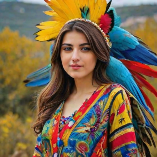 A beautiful Turkish girl, wearing colorful bird clothing with vibrant colors