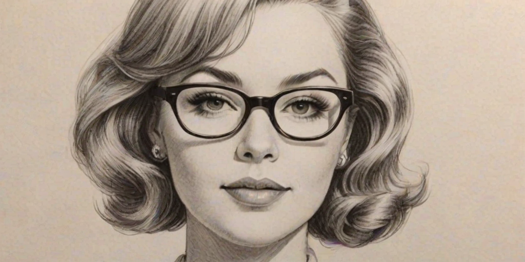 Ravishing Raelynn, pencil sketch, portrait of Fetching woman 1958s in glasses, hair style beatnik, outline, clear lines, fine lines, 8k