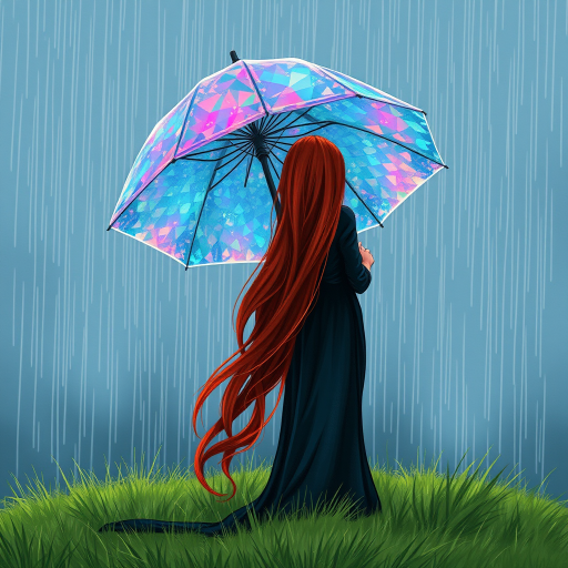 A surreal hand-drawn digital artwork depicting a mysterious red-haired woman standing on a grassy hill under the rain. She holds an umbrella crafted from iridescent zircon, its vibrant sheen contrasting with the soft, rainy atmosphere. The scene feels dreamlike, blending the natural elements of the hill and rain with the otherworldly shimmer of the umbrella.