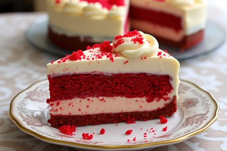 A slice of red velvet cheesecake with a creamy white frosting on top and red velvet crumbs sprinkled around, served on a decorative plate, with the whole cheesecake visible in the background on a patterned tablecloth.