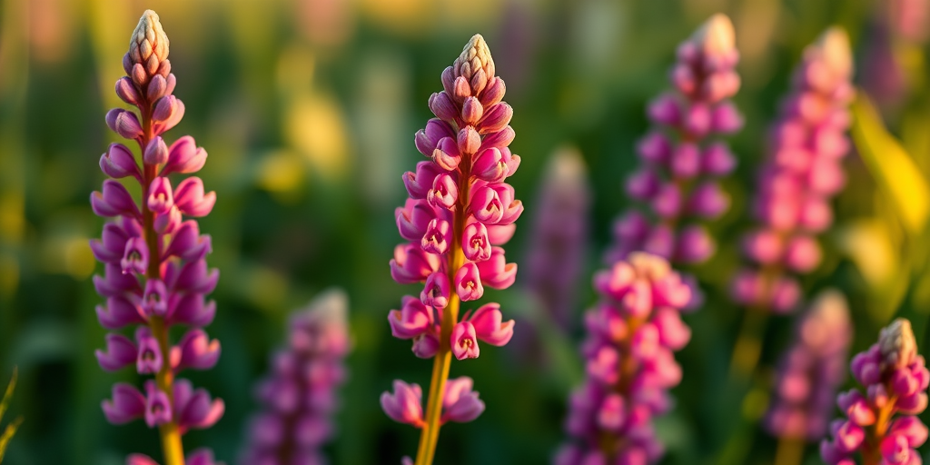 Capture a close-up image of vibrant lupine flowers with a shallow depth of field, using a 50mm lens at f/2.8, ISO 200, 1/200s exposure, in natural light during golden hour, with a focus on the pink and purple blossoms against a softly blurred green background.