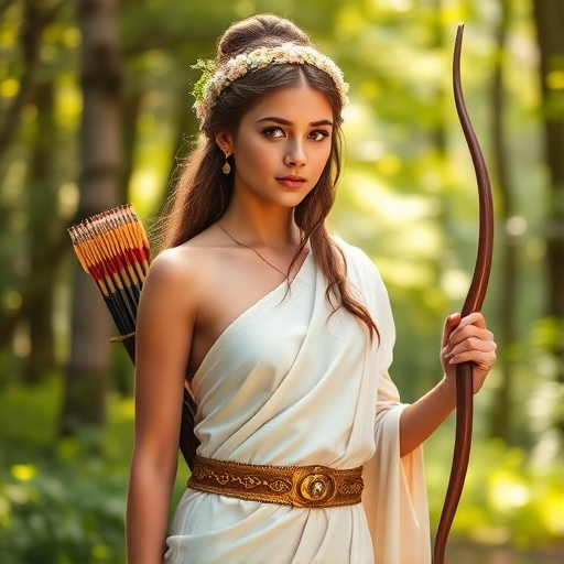 Create a portrait of a goddess-like Aymara girl figure in a tranquil, forested environment. She has an elegant appearance with long, wavy hair styled in an updo and adorned with a delicate, floral headband. She wears a flowing, ancient Greek-inspired gown in a soft, pale color, featuring a one-shoulder design and draped fabric that accentuates her graceful form. The outfit includes a decorative belt with ornate gold detailing, and she holds a bow in her hand, with a quiver of arrows slung over her shoulder. The background depicts lush greenery, with sunlight filtering through the trees, casting a gentle, ethereal light on the scene. Her expression is calm and contemplative, embodying a sense of wisdom and serenity.