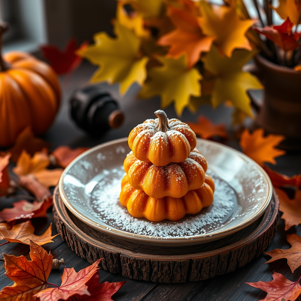 Create a high-resolution image of a stack of orange pumpkin-shaped desserts dusted with sugar on a rustic plate, surrounded by autumn leaves and a cozy background, using a DSLR camera with a 50mm lens, aperture set to f/2.8, ISO 100, and natural lighting for a warm ambiance.