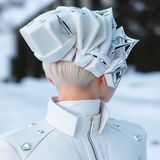Icy white hair sculpted into an avant-garde, architectural updo with geometric shapes and metallic silver accents, embodying the futuristic "Frost Fusion" style