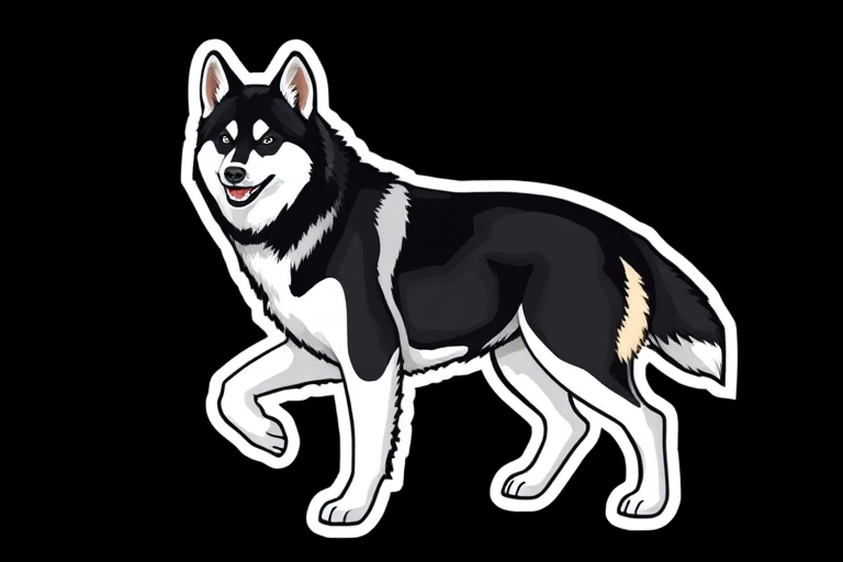generate sticker, 3D black and white yakutian laika dog breed, black background