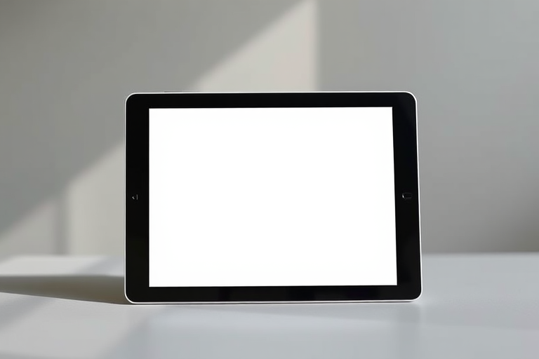 Create a realistic image of a black tablet with a blank screen on a soft gray background, using a 50mm lens, f/2.8 aperture, ISO 100, and a shallow depth of field, captured in natural lighting with a professional DSLR camera.
