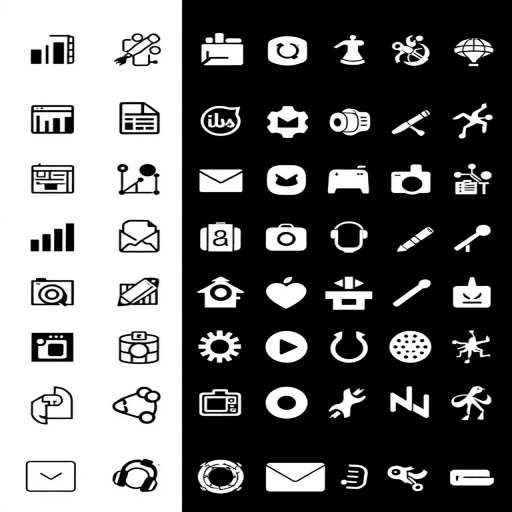 Generate an image of a grid layout featuring various simple black and white icons, including symbols like charts, email, gears, and musical instruments, with a DSLR camera at 50mm focal length, f/8 aperture, ISO 100, and natural light for enhanced clarity and detail.