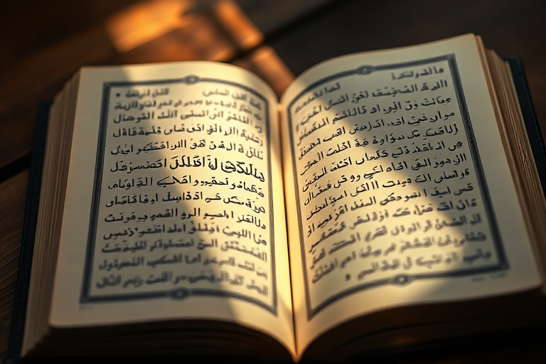 open book displaying Arabic text illuminated softly with a warm light, shallow depth of field, 50mm lens, f/1.8 aperture, ISO 200, shot with a DSLR camera, top-down view, natural lighting with focus on the text