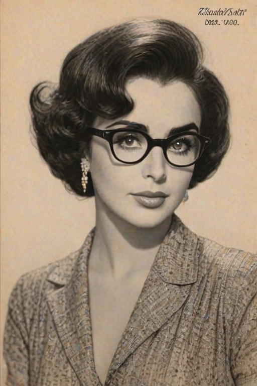 Magnificent Elizabeth Taylor, pencil sketch, portrait of Appealing woman 1922s in glasses, hair style beatnik, outline, clear lines, fine lines, 8k