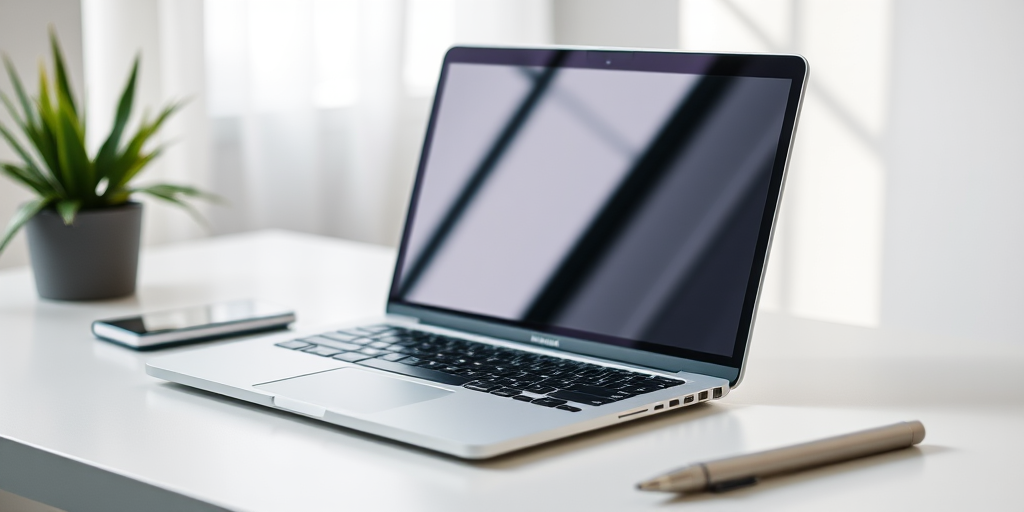 Create a high-resolution image of an open laptop on a minimalist desk, with a focus on the keyboard and screen, using a DSLR camera at f/2.8, ISO 100, and a 50mm lens, shot from a 45-degree angle, with soft natural lighting and a shallow depth of field to highlight the laptop's details.