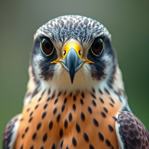 A close-up portrait of a peregrine falcon with sharp focus on its face, captured with a DSLR camera, 85mm lens, aperture set to f/2.8 for a blurred background, ISO 200, natural daylight, emphasizing the vibrant colors and fine details of the plumage.