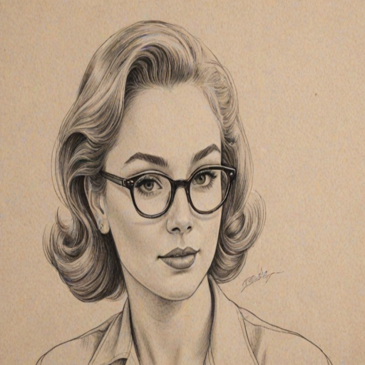 Resplendent Raelynn, pencil sketch, portrait of Captivating woman 1956s in glasses, hair style beatnik, outline, clear lines, fine lines, 8k