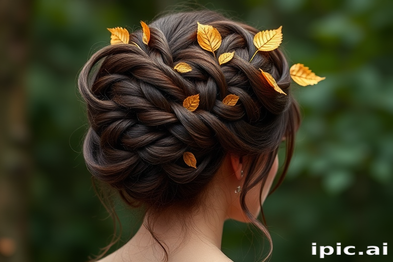 Rich chocolate brown hair styled in an elaborate updo with braided crown and cascading tendrils, embellished with golden leaves for a regal forest nymph look called Woodland Empress