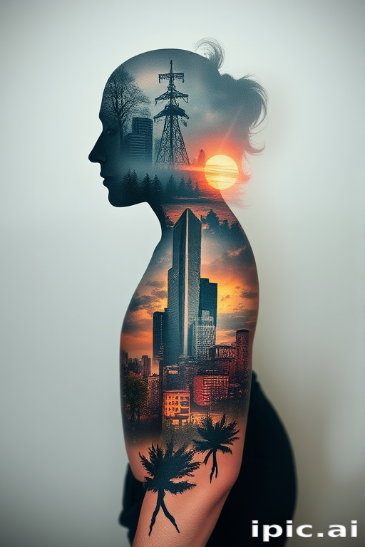 Surreal double exposure tattoo blending natural and urban landscapes within a human silhouette, seamless transition between contrasting elements, dreamy and thought-provoking visual narrative