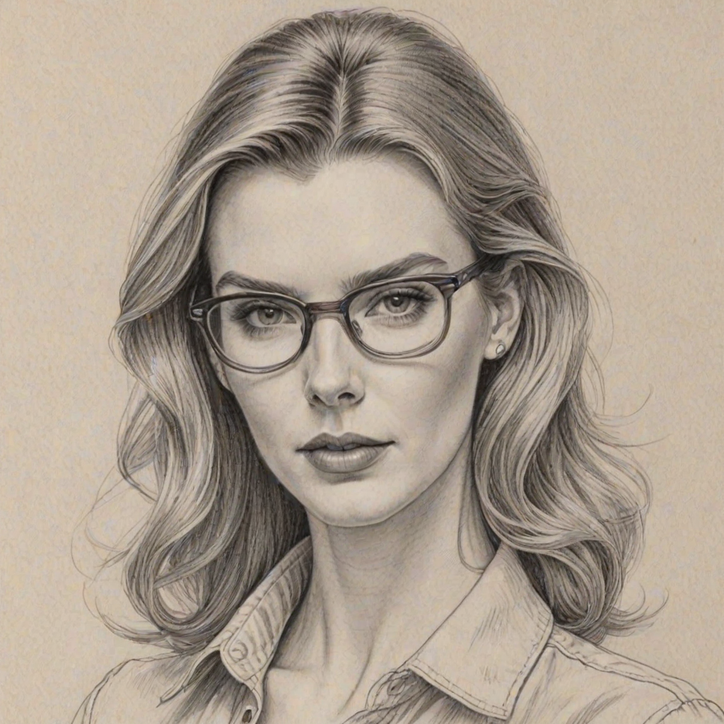 Bewitching Betty Gilpin, pencil sketch, portrait of Delightful woman 1972s in glasses, hair style beatnik, outline, clear lines, fine lines, 8k