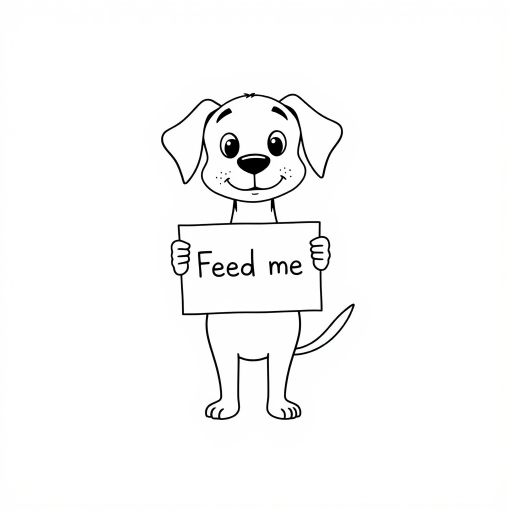 A minimalist cartoon of a PUPPY standing on a blank white background, holding a sign that simply says, 'Feed me.' The puppy is drawn with just a few lines: big eyes, whiskers, floppy ears, and a straight tail, giving it a comically desperate expression.