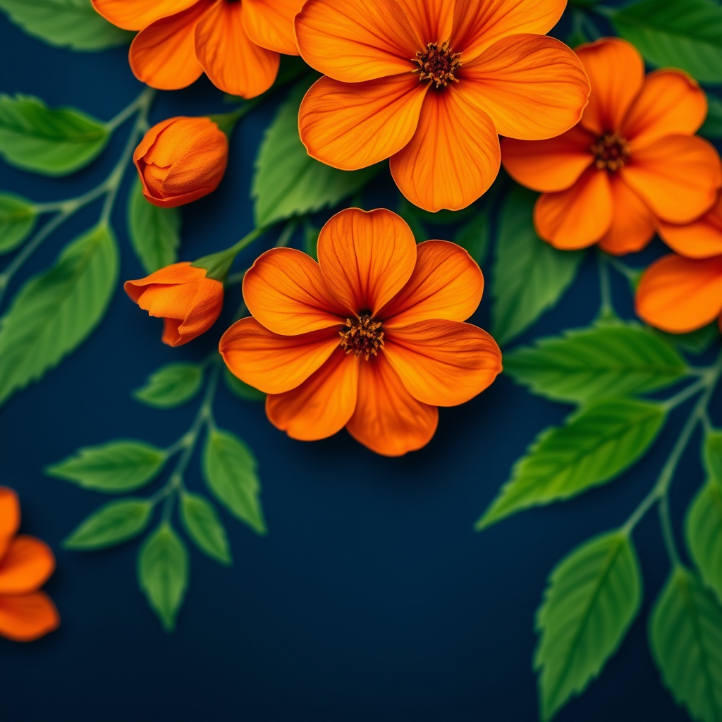floral pattern with orange flowers and green leaves on a dark blue background, macro view, f/2.8 aperture, 1/100 sec shutter speed, ISO 200, DSLR camera, vibrant colors and sharp details