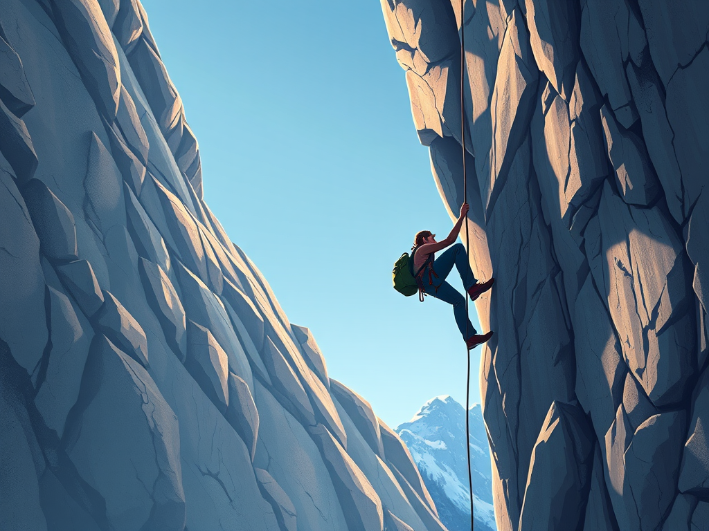 Create a high-resolution illustration of a climber scaling a rock face, use a Canon EOS R5 with a 50mm f/1.2 lens at ISO 100, aperture f/4, shutter speed 1/500 sec, with a wide-angle view and soft lighting to enhance details and textures.