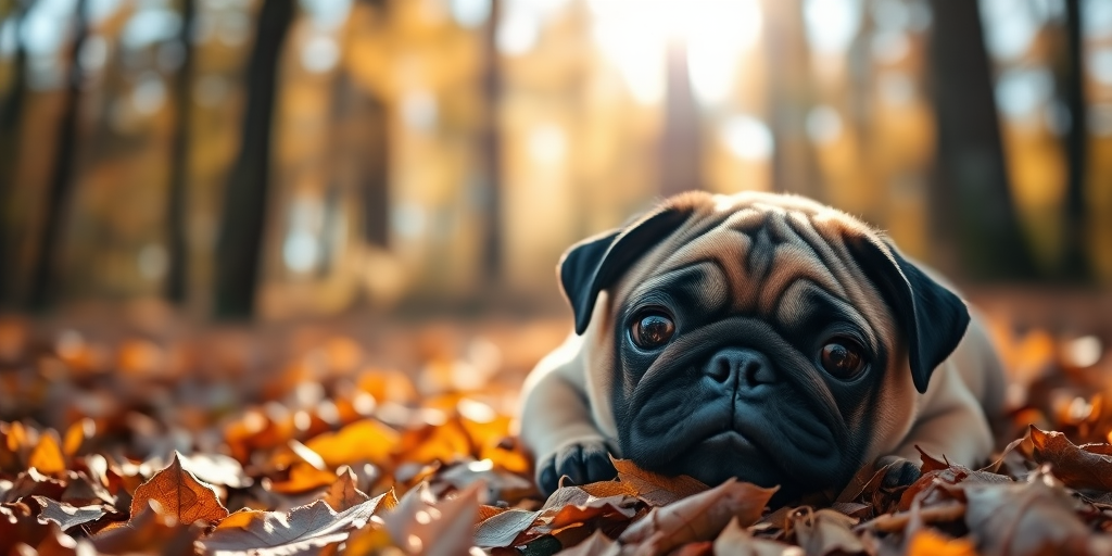 A pug lying on autumn leaves in a sunlit forest, shallow depth of field, soft focus background, 50mm lens, aperture f/1.8, ISO 100, natural lighting, DSLR camera.